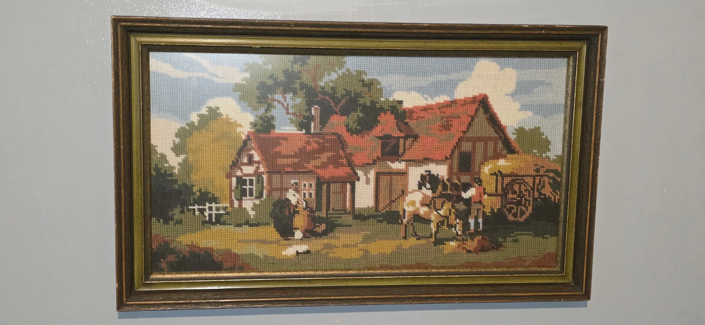 Vintage Needlepoint Farm Scene Wall Art