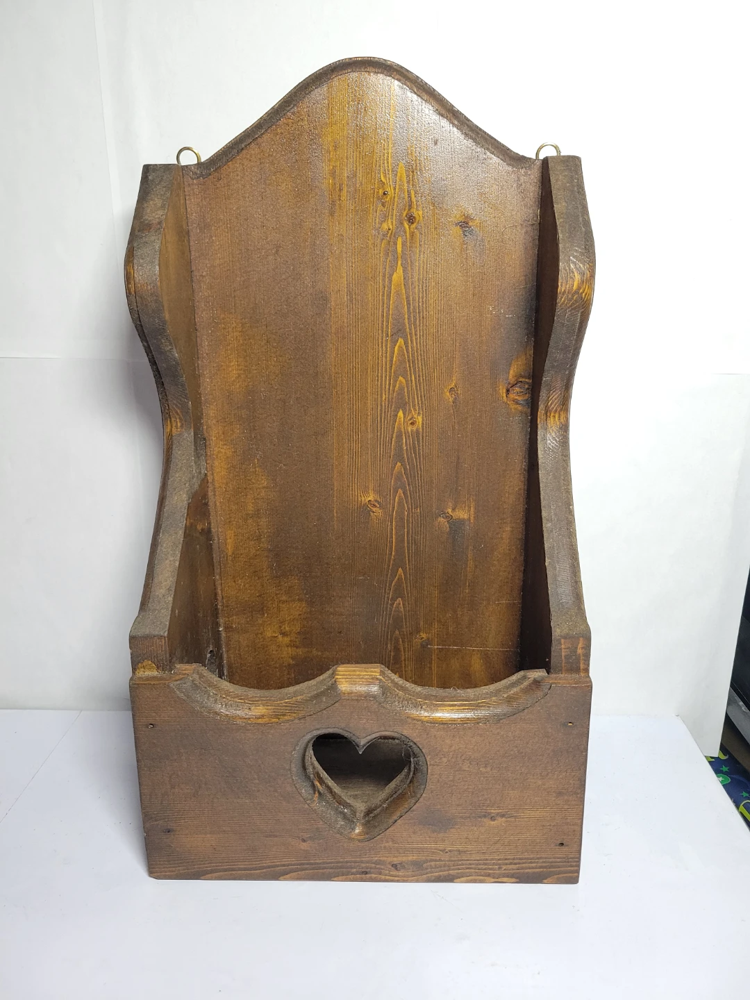 Rustic Wall-Mounted Wooden Storage Bin with Heart Cutouts