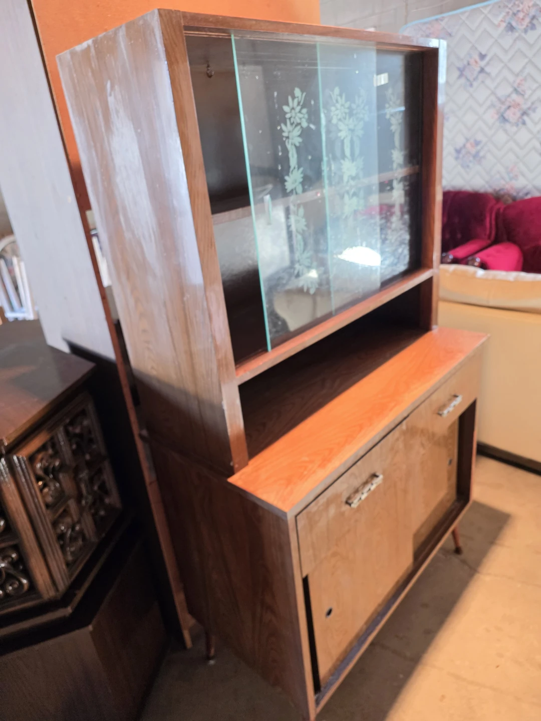 Vintage Mid-Century Wood Hutch with Etched Glass Doors - photo 2