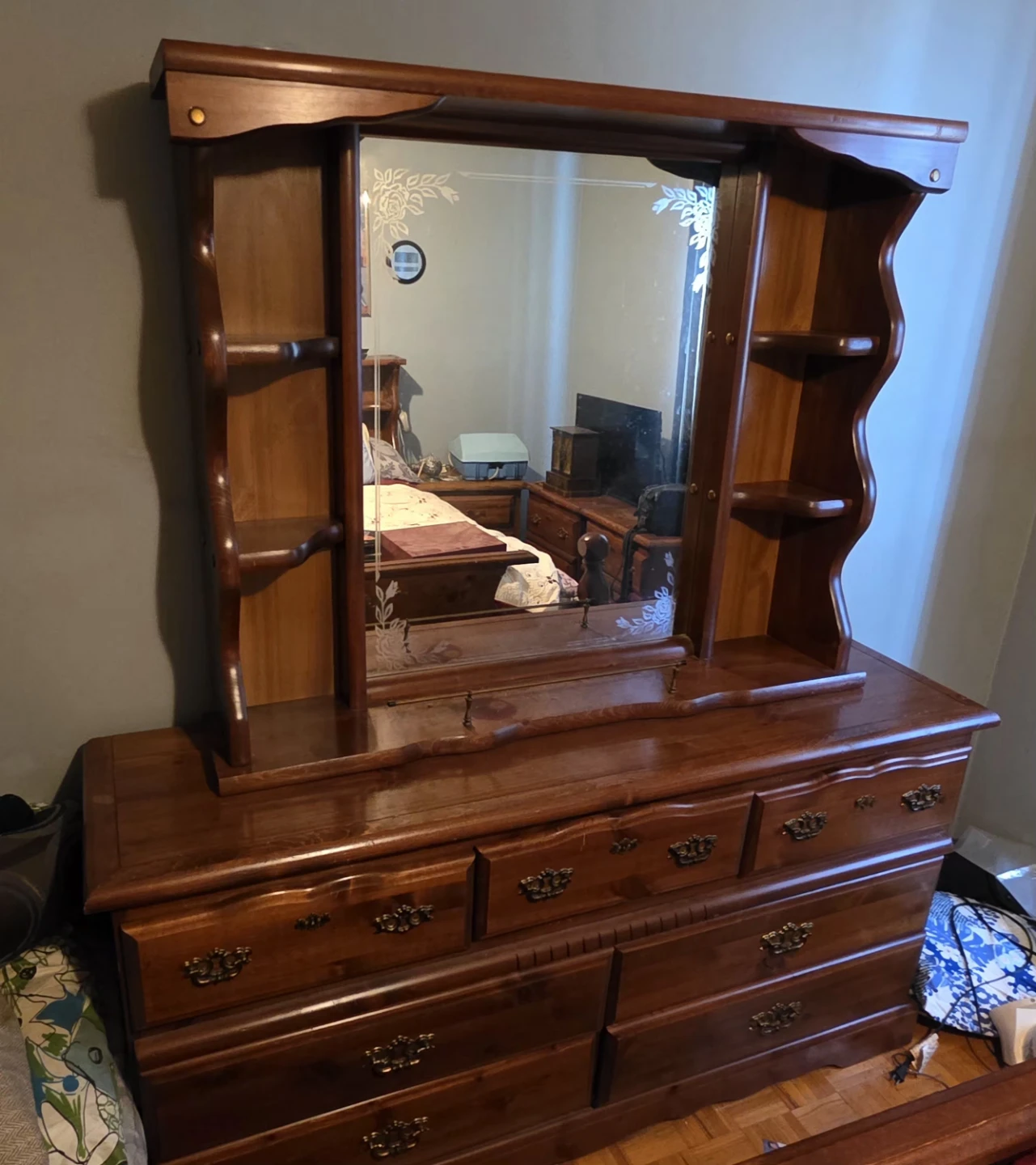 Wooden Dresser with Attached Mirror