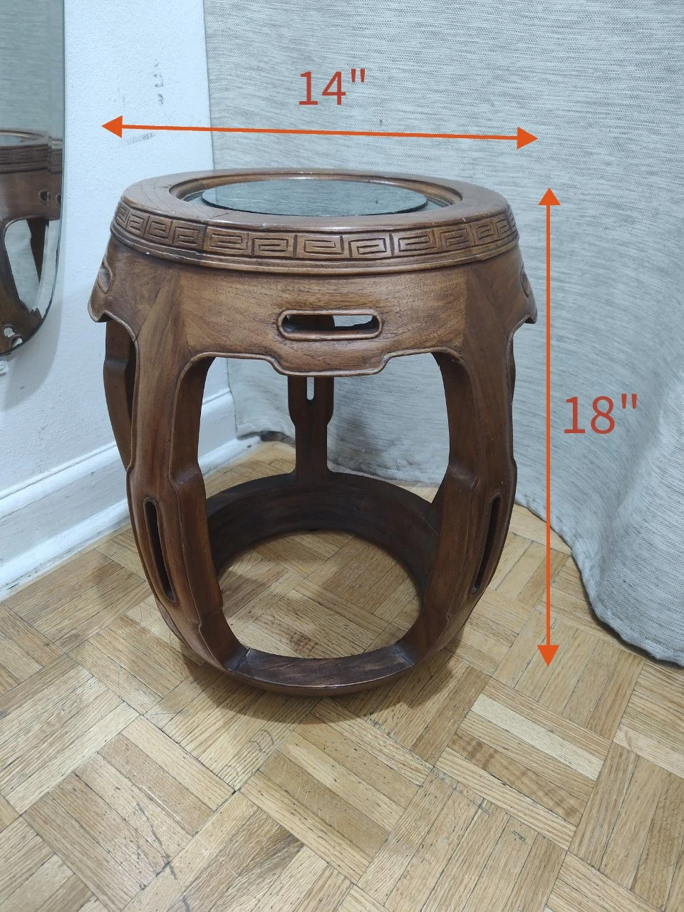 Vintage Chinese Carved Hardwood Drum Stool with Green Marble Top