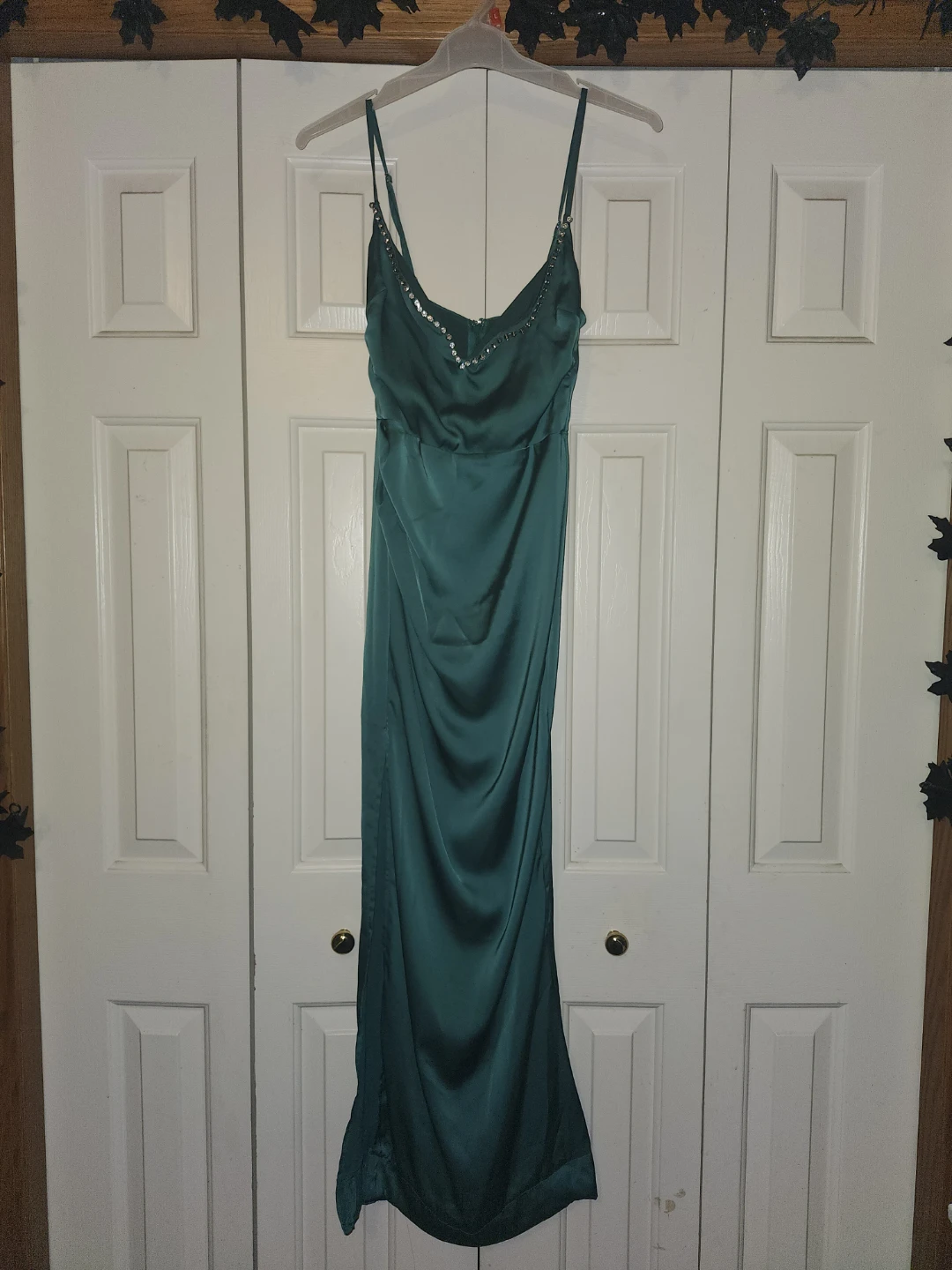 White Fox Emerald Green Rhinestone Maxi Dress
