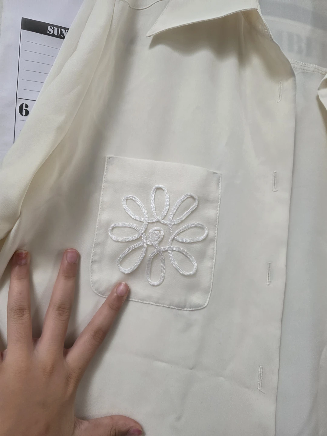 Cream Short Sleeve Button-Up Shirt with Flower Embroidery - photo 2