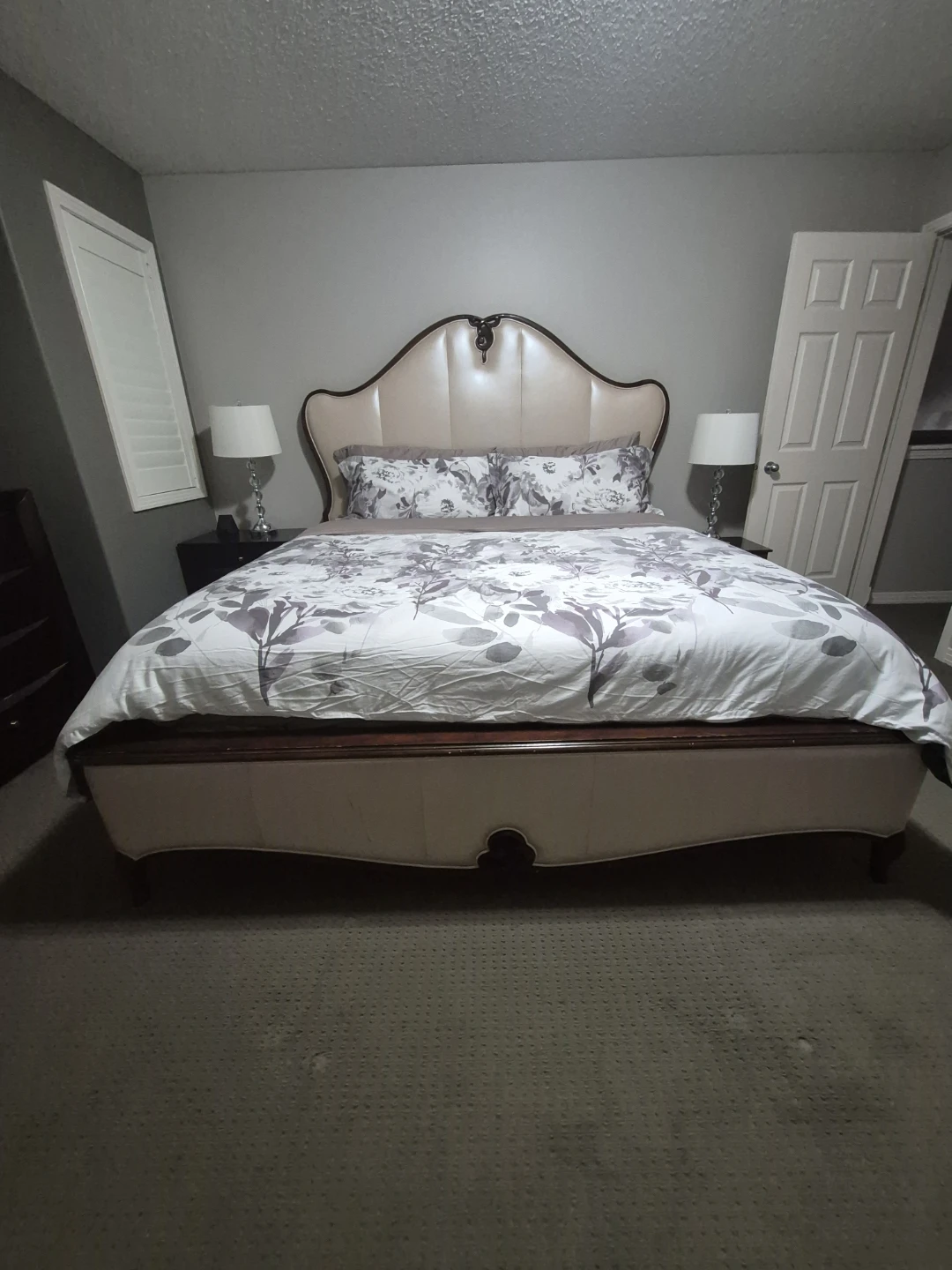 Upholstered King Bed Frame  with box spring and matress.