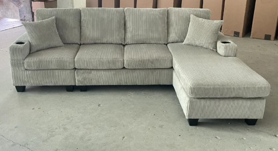 Sectional Sofa Light Grey Corduroy