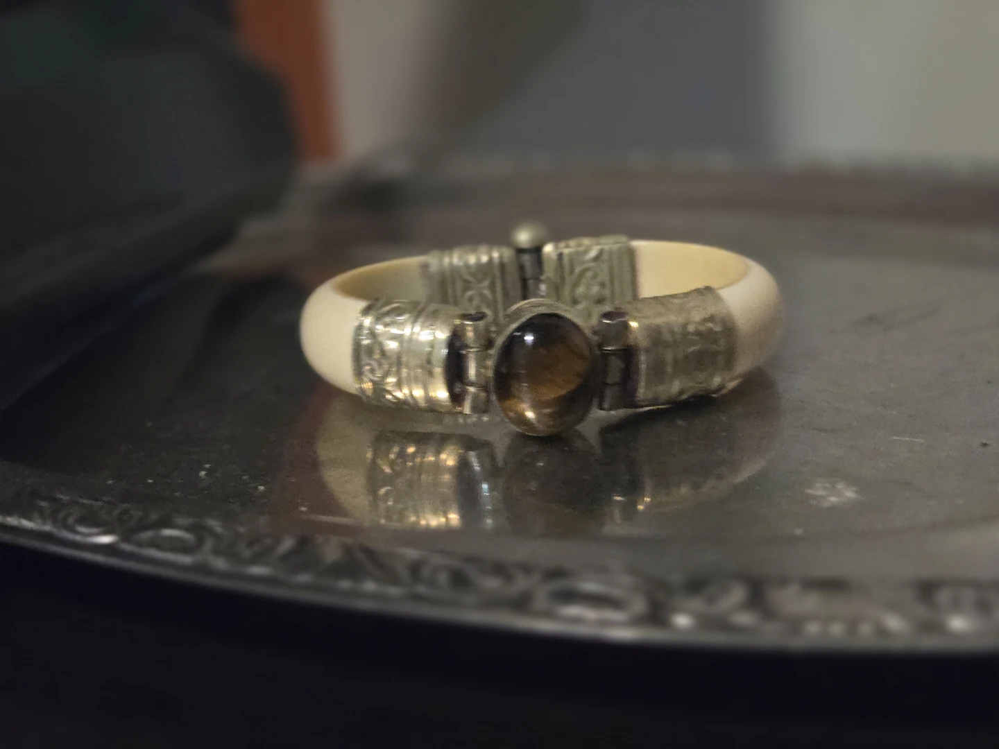 Tiger Eye and Silver Tone Hinge Bangle Bracelet