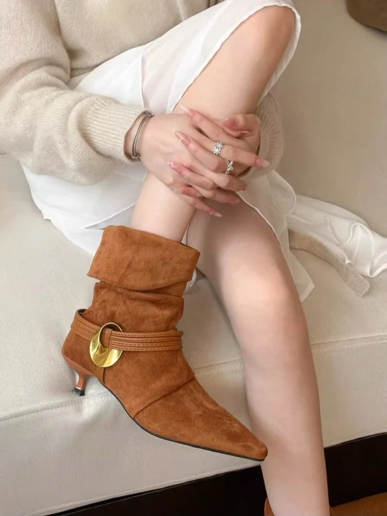Suede Ankle Boots with Gold Detail - photo 2