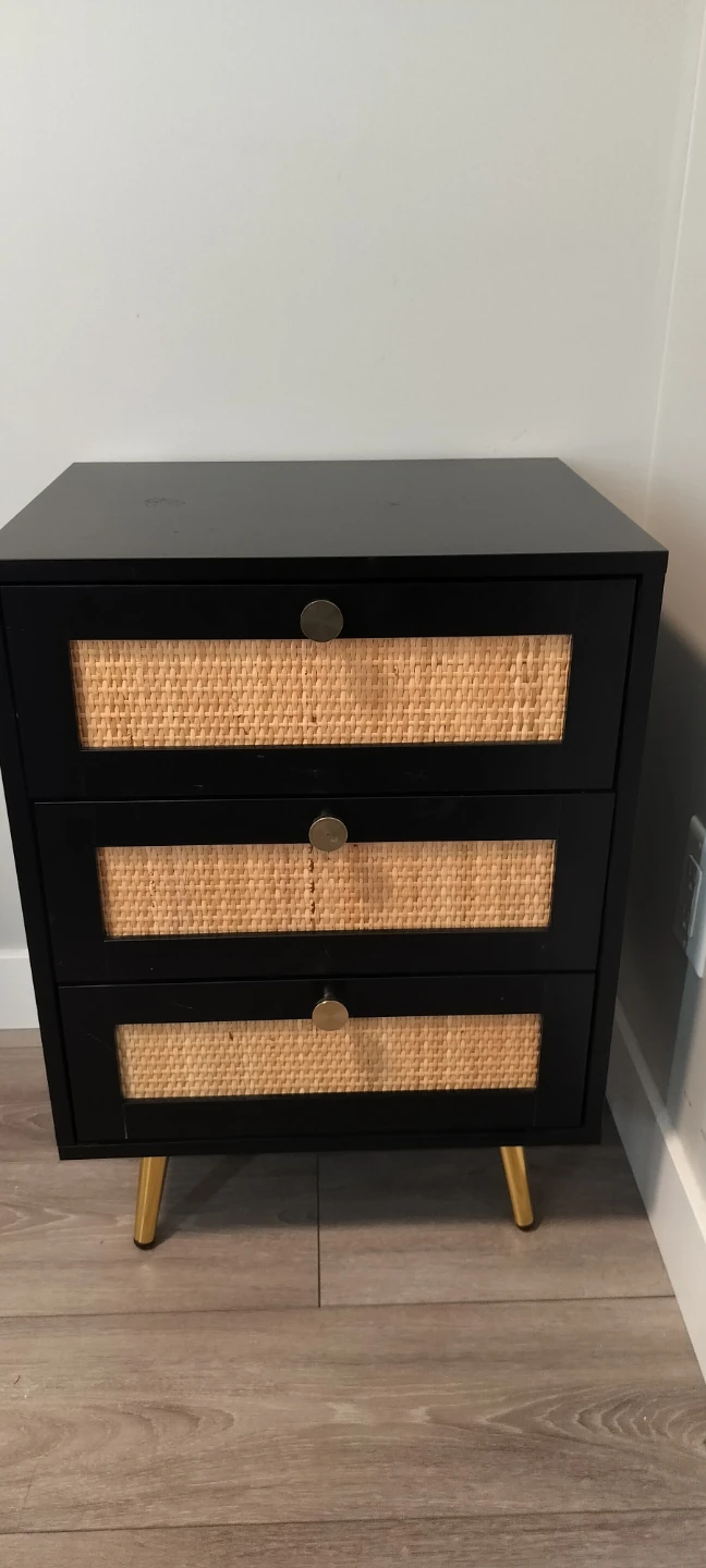Black and Rattan 3-Drawer Nightstand