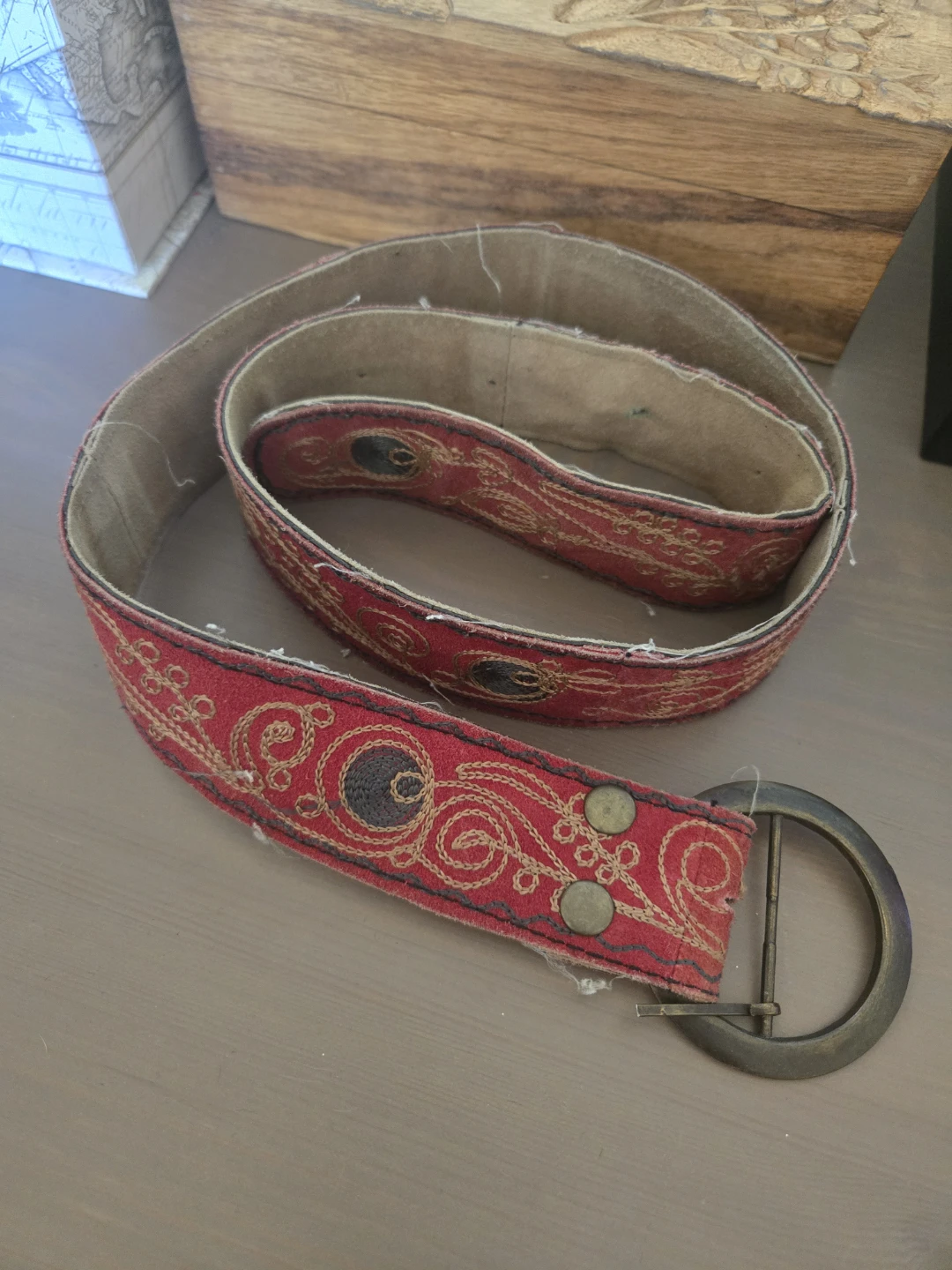 Old handmade embroidered suede-canvas belt