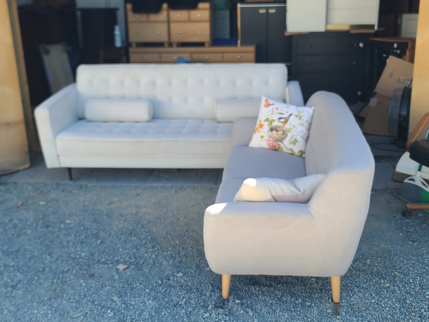 Off-White Tufted Mid-Century Modern Sofa & Matching Armchair Set