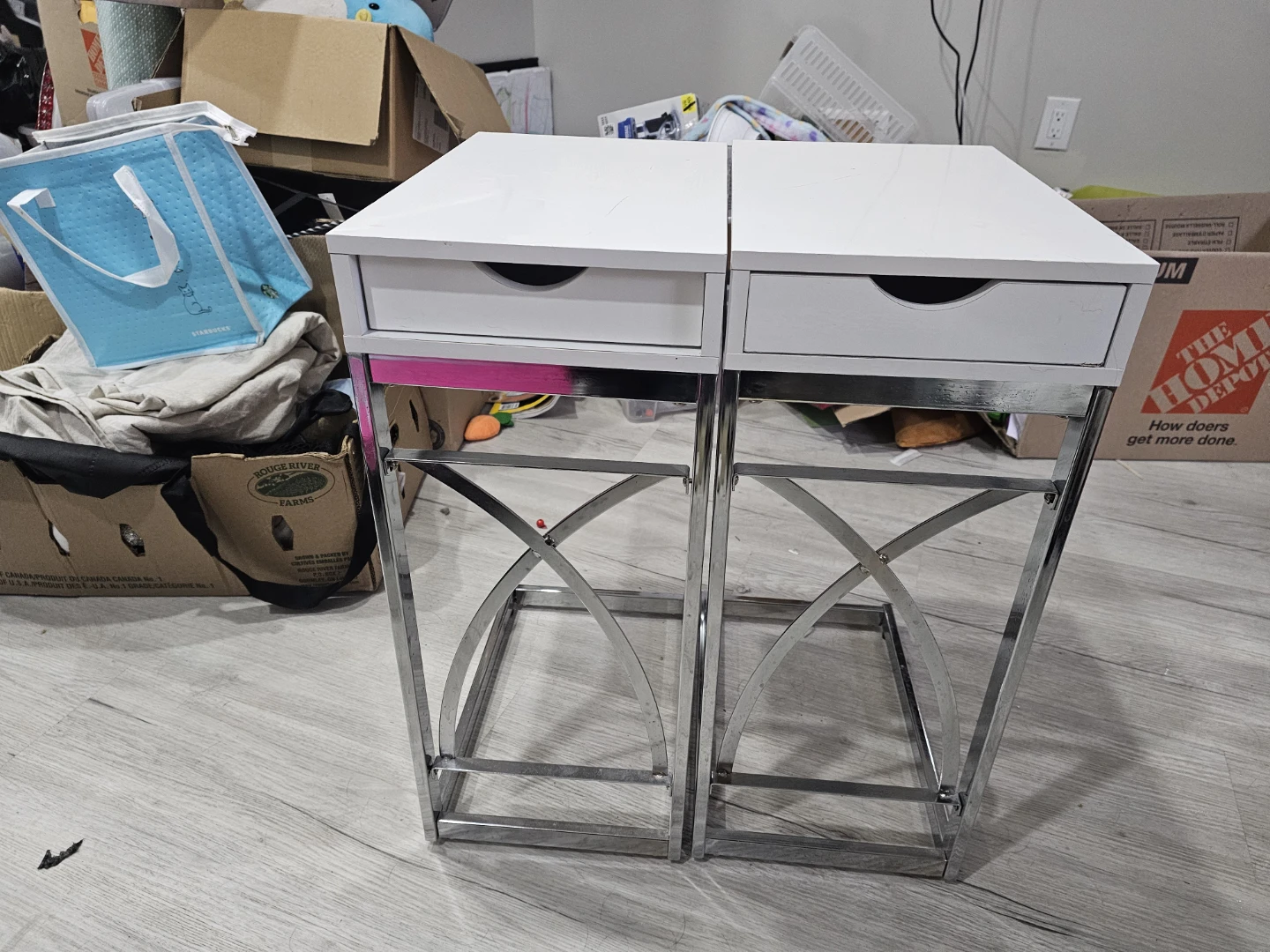 Set of Two White and Chrome Side Tables