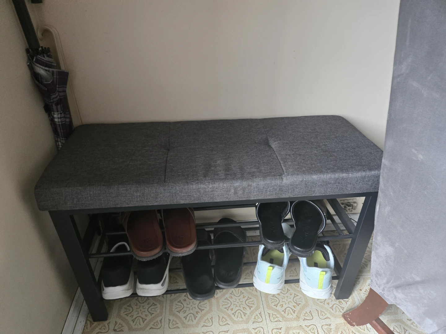 Grey Upholstered Shoe Bench
