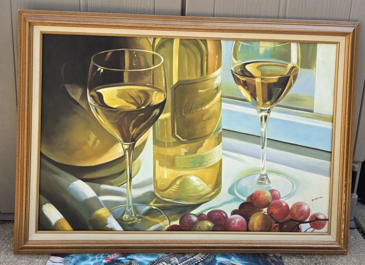 Framed Still Life Painting of Wine and Grapes 41x 29 in