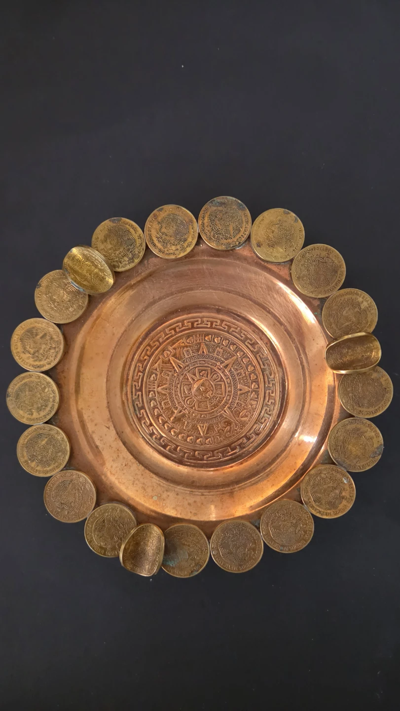 Vintage Copper ash tray with Mexican Coins