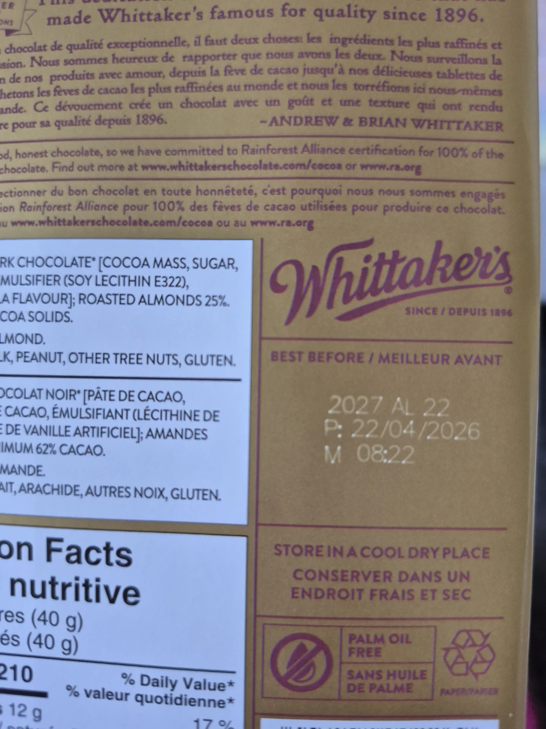 Whittaker's 62% Dark Almond Block Chocolate (200g) - photo 2