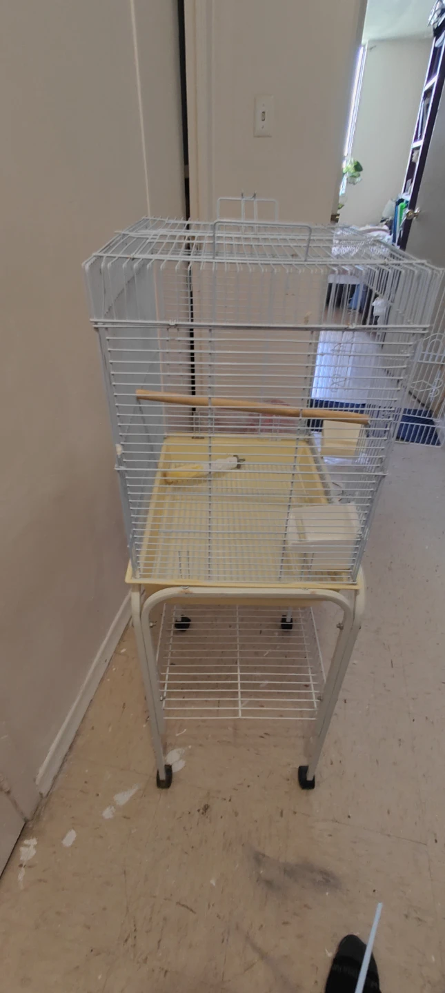 White Metal Bird Cage with metal stand wheels baseboard