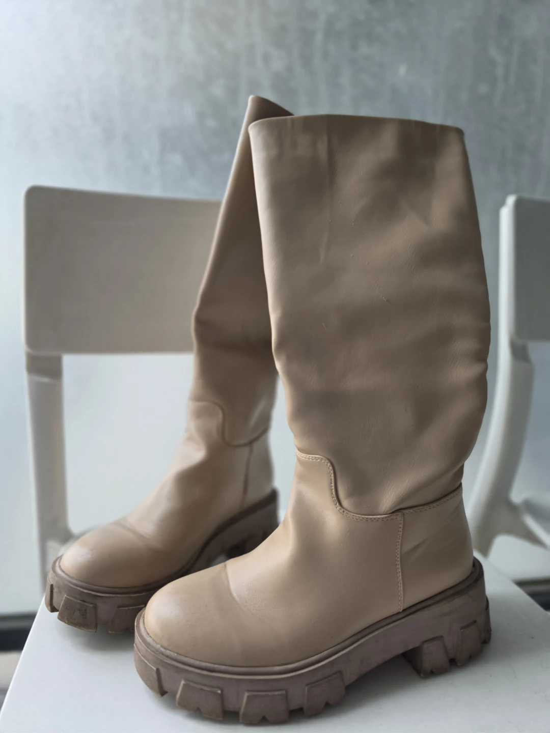 Beige Faux Leather Knee-High Boots