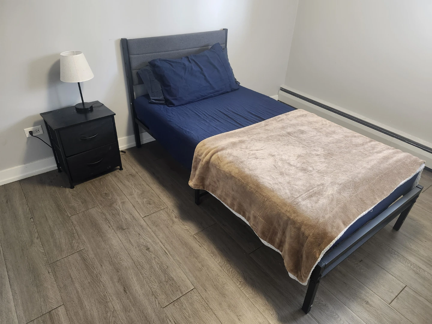 Twin Size Metal Bed Frame with Grey Upholstered Headboard