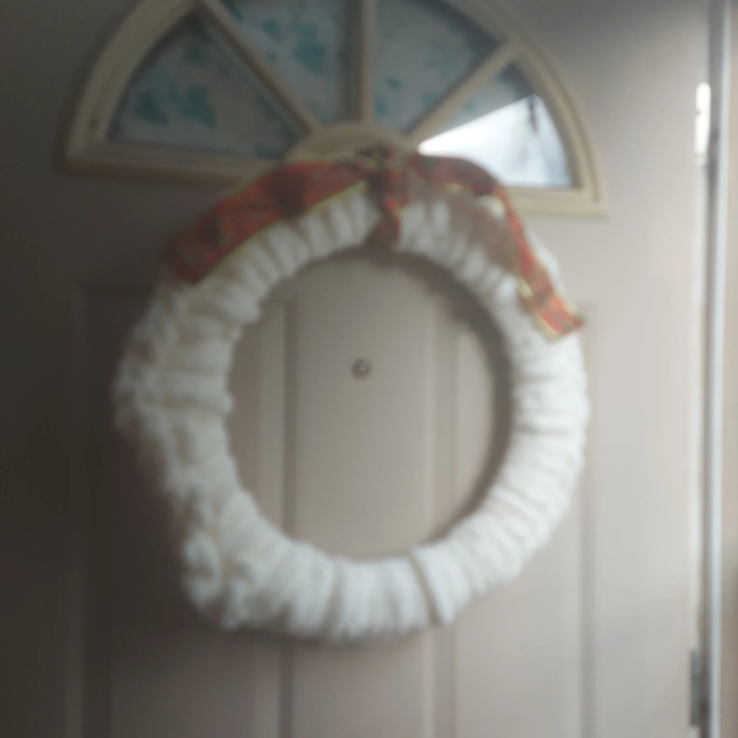 White Yarn Christmas Wreath with Ribbon