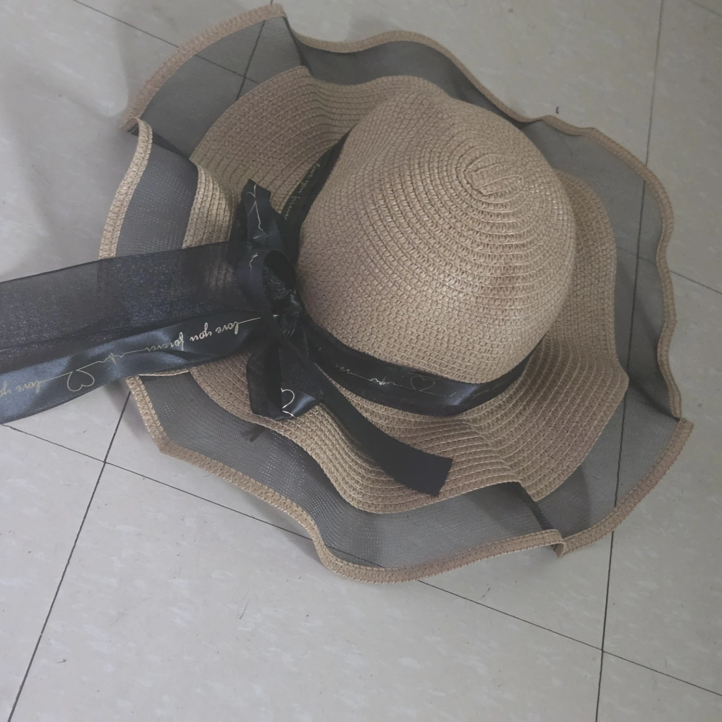 Wide Brim Straw Sun Hat with Black Ribbon