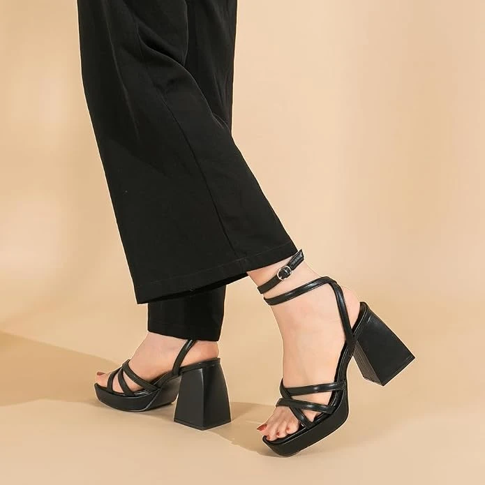 Amoji Black Block Heel Sandals Size 39