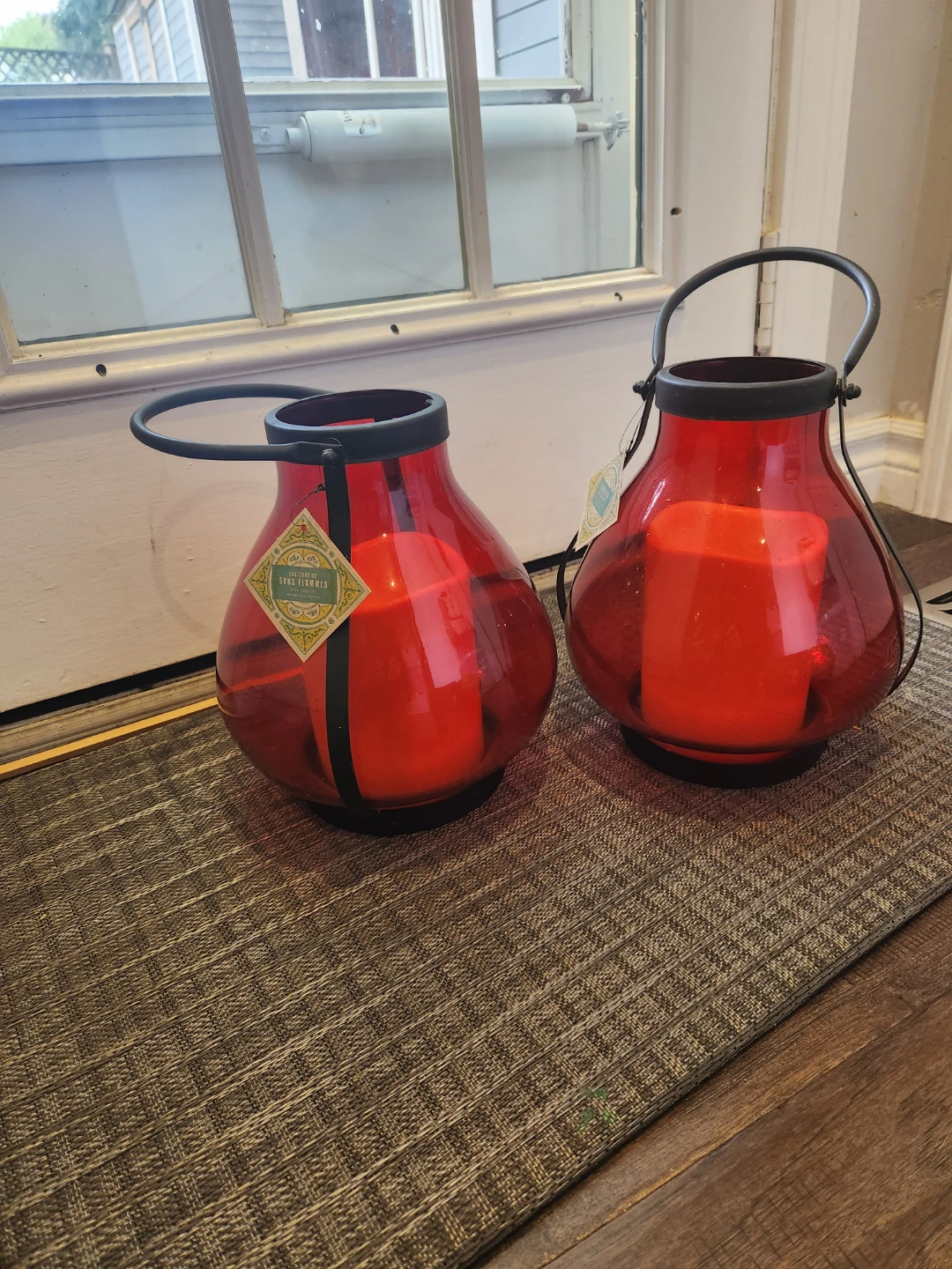 Set of Two Red Glass Flameless Lanterns