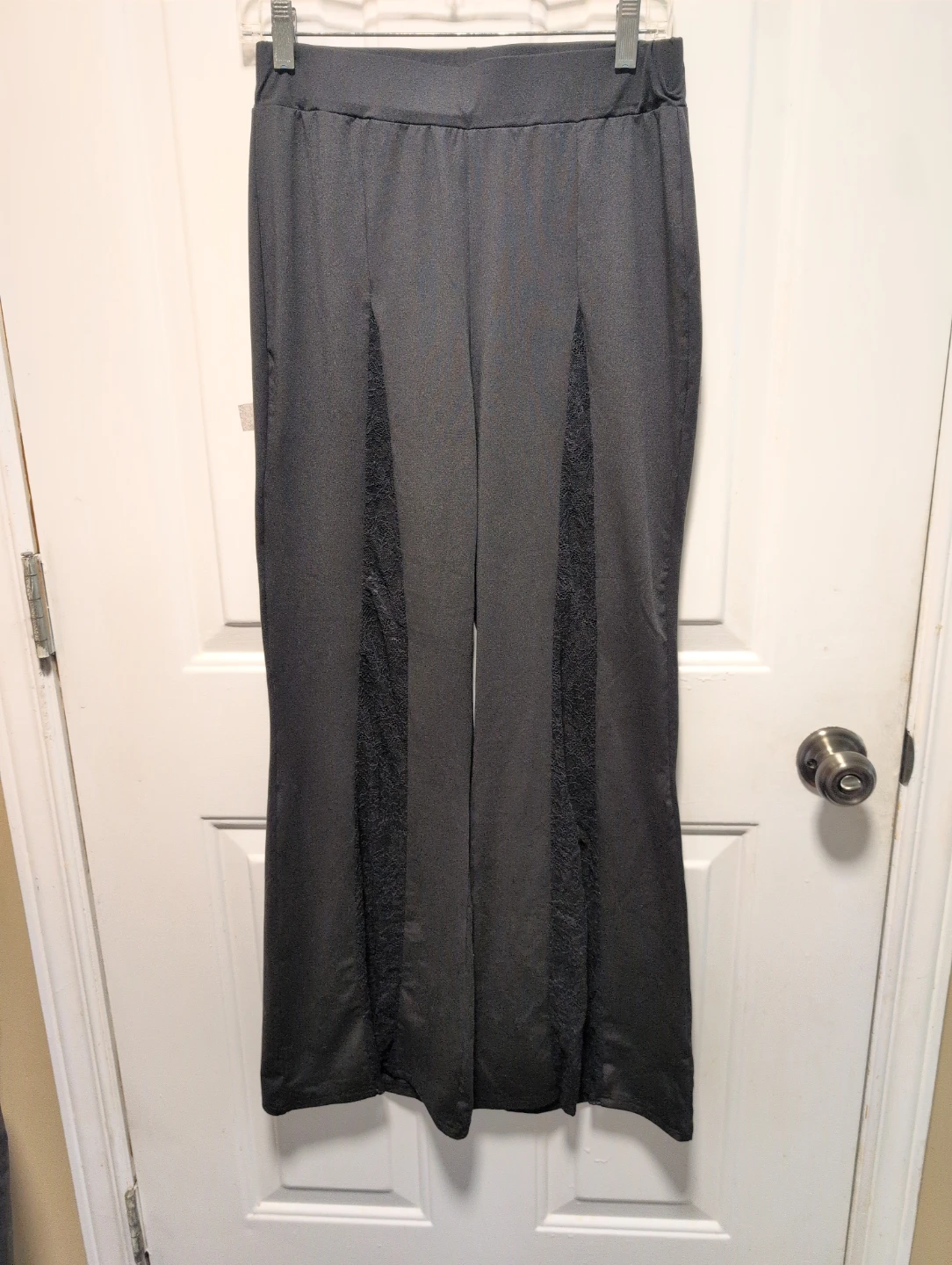 Women's Black Wide Leg Pants with Lace Insets - Size L