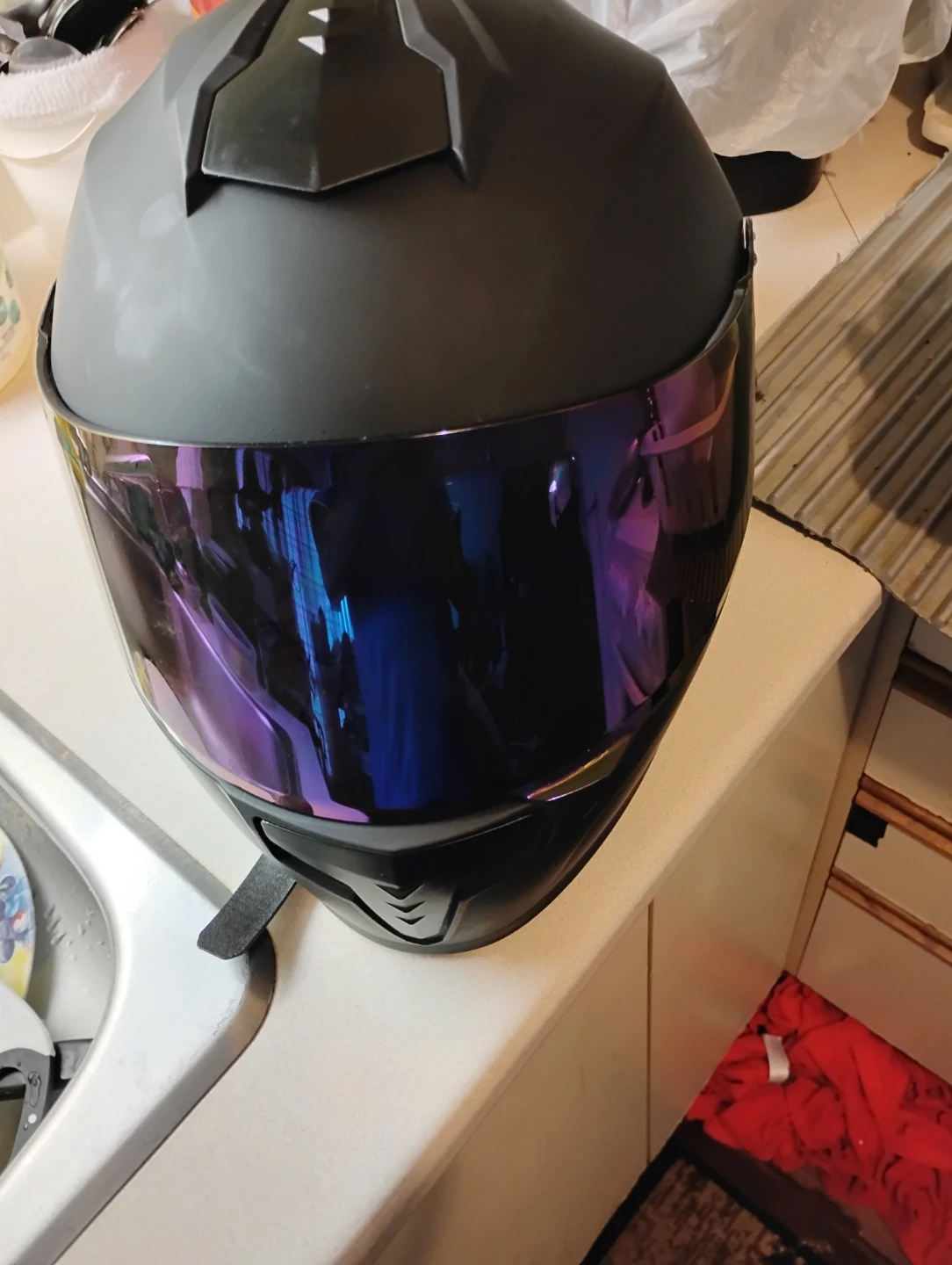 Matte Black Motorcycle Helmet with Iridescent Visor