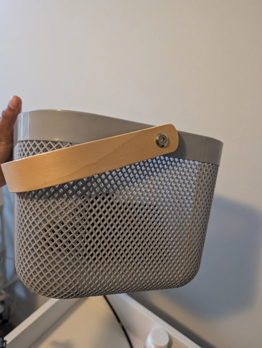 Grey Mesh Storage Basket with Wood Handle