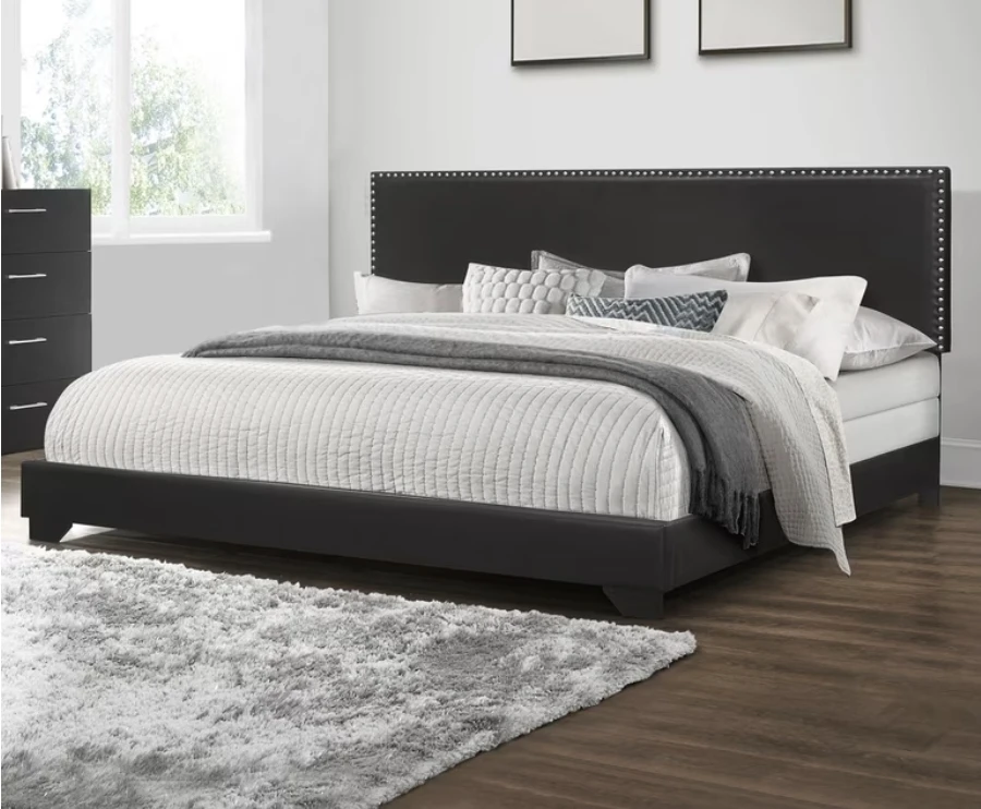 New King Bed Black Faux Leather Nailhead Trim