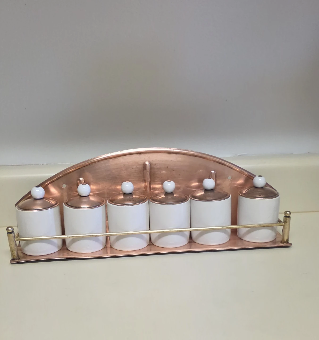 Vintage Copper Wall-Mounted Spice Rack with 6 Jars