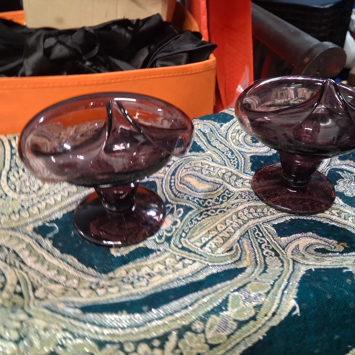 Set of Two Purple Glass Pedestal Bowls vintage
