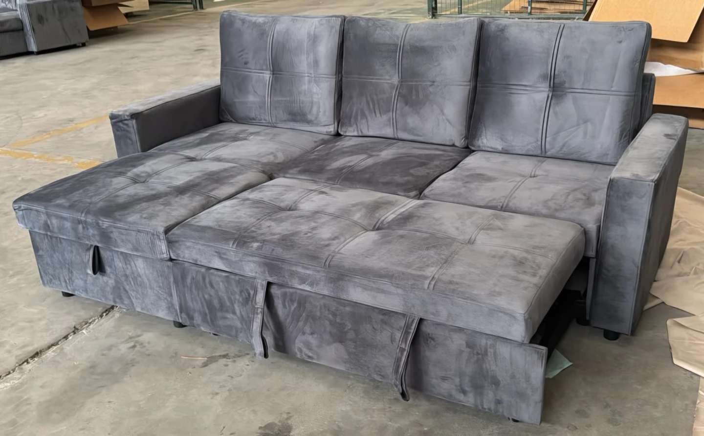 Grey Velvet Pull-Out Sofa Bed