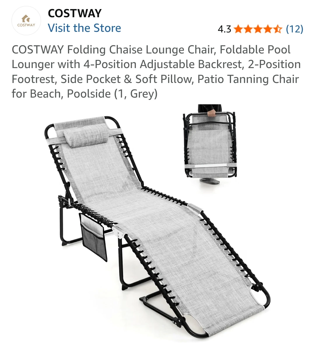 Costway Folding Chaise Lounge Chair - Grey