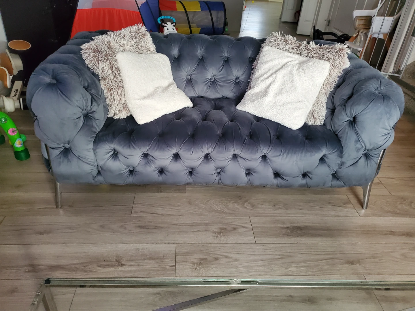 Blue Velvet Chesterfield Sofa Set and glass table - photo 2