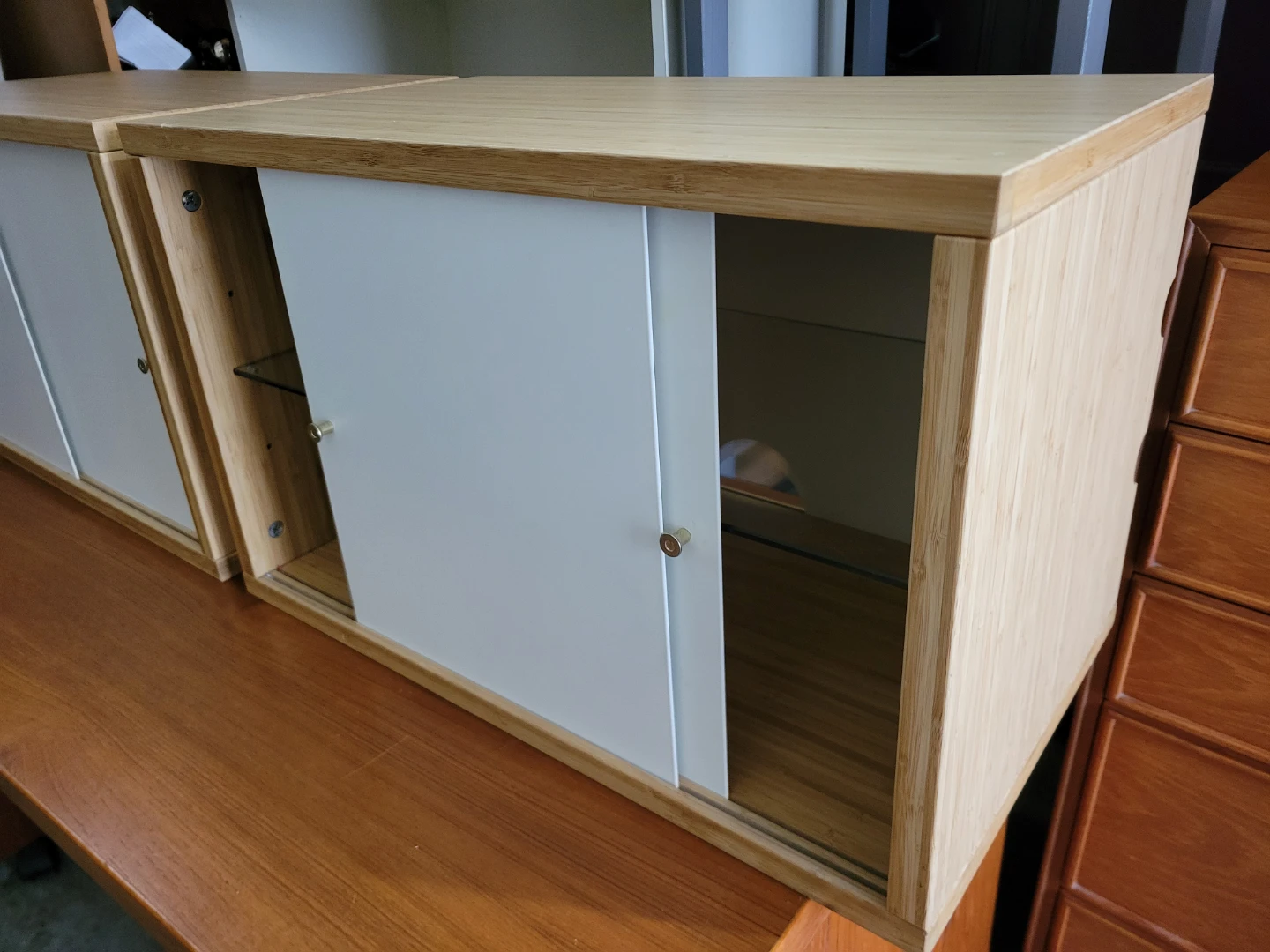 Beautiful Pair of IKEA Bamboo & White Sliding Door Cabinets - photo 3