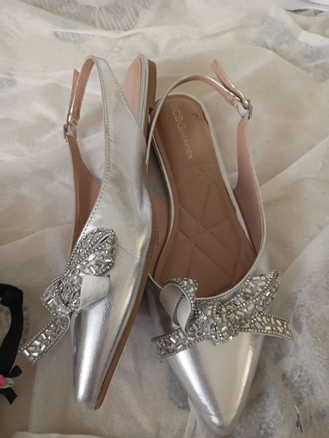 BCBGeneration Silver Rhinestone Slingback Flats