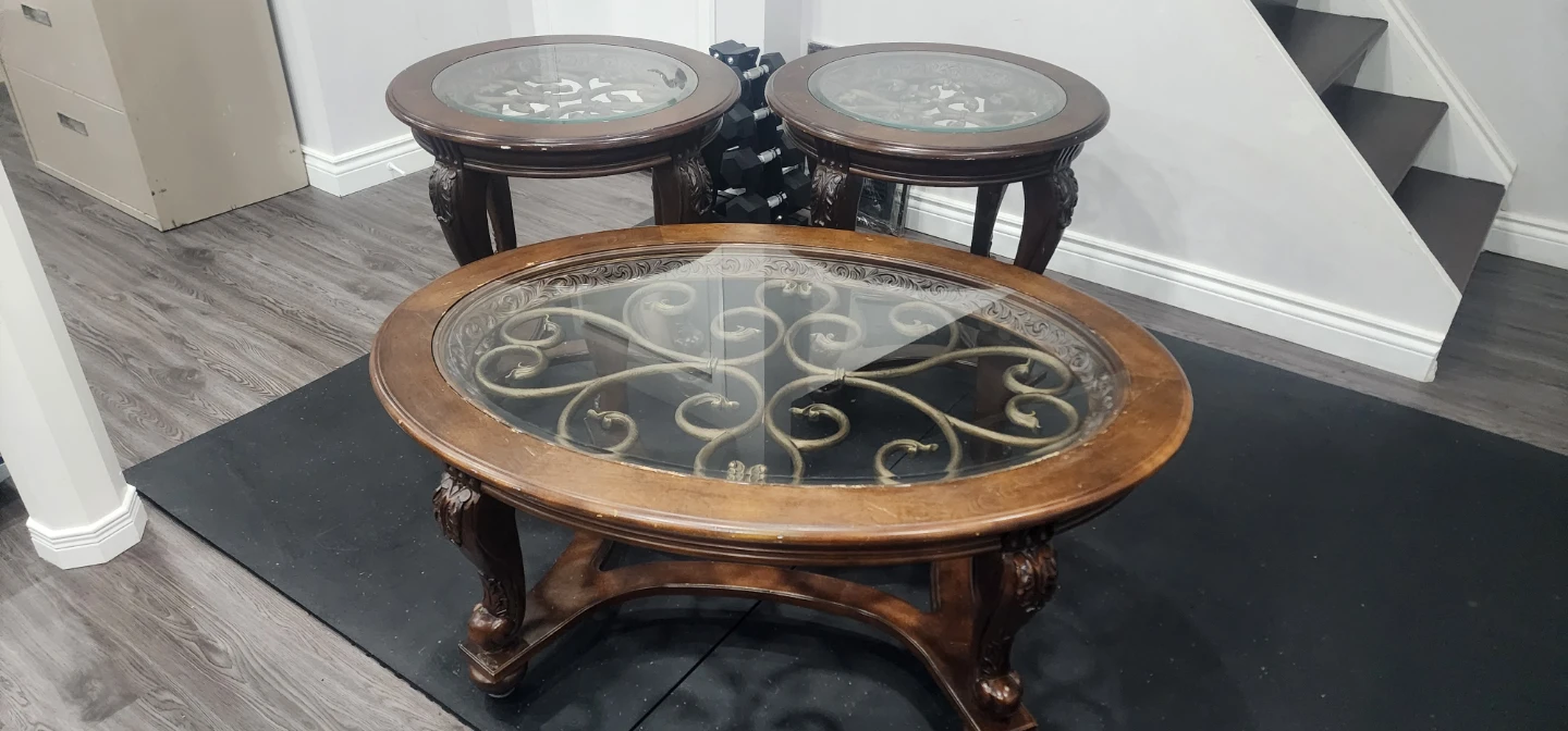 Set of Three Wooden and Glass Tables