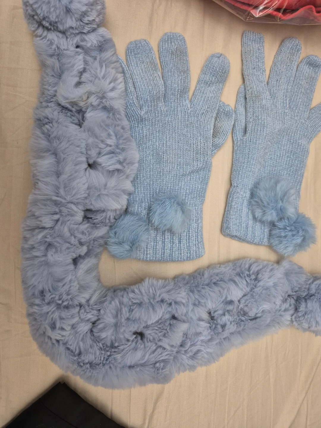 Light Blue rabbit fur Pom Pom Scarf and Gloves Set