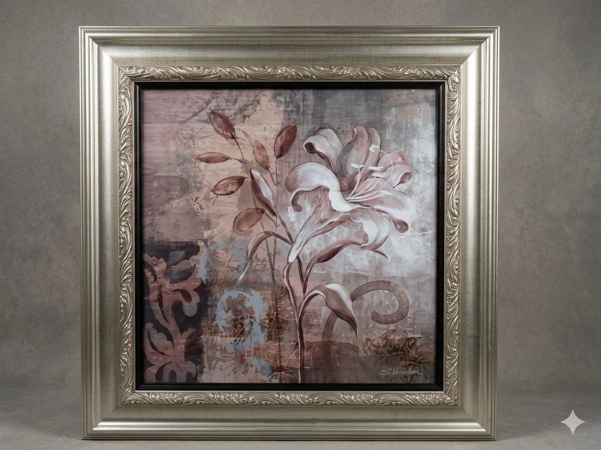 S. Vassileva Floral Wall Art with Ornate Silver Frame