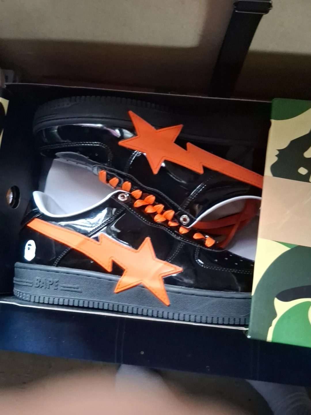 BAPE Bape Sta Black and Orange Patent Sneakers