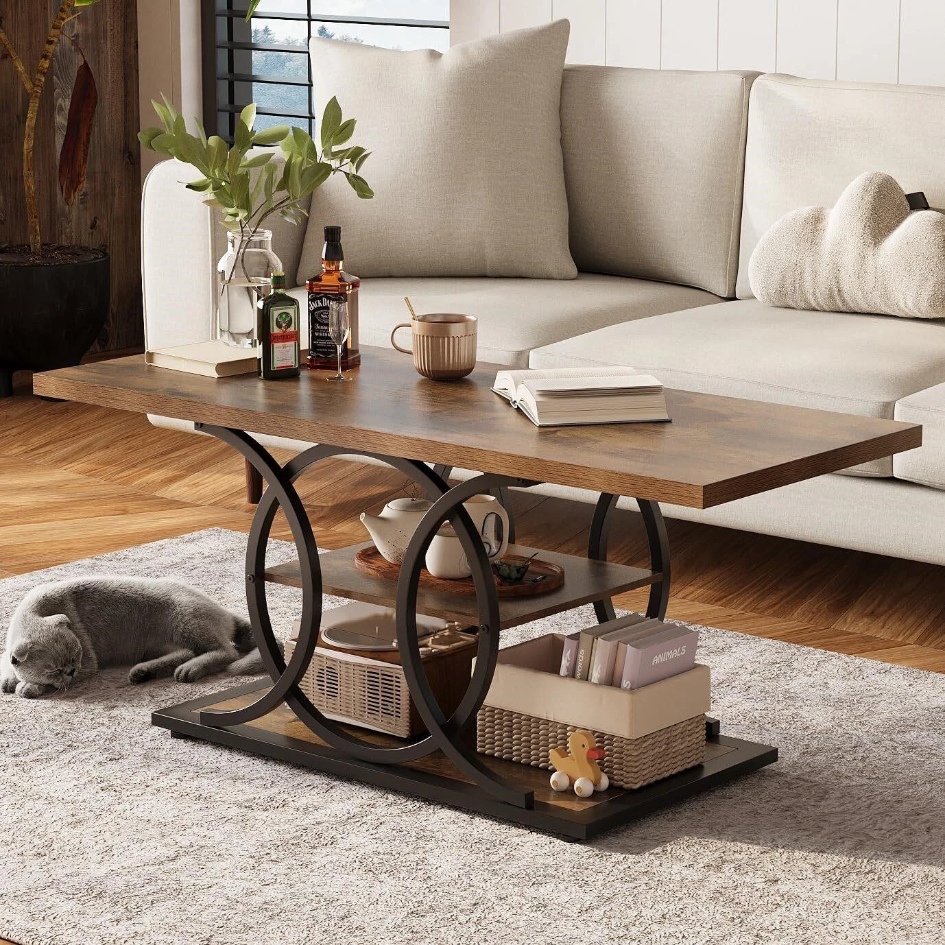 Rustic Wood Coffee Table with Storage Shelves - photo 2