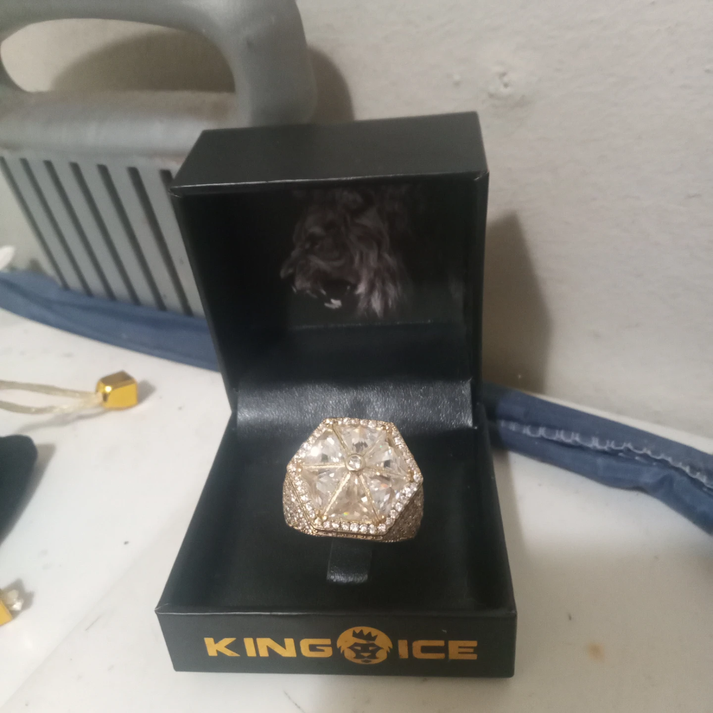 King Ice Gold Tone Hexagon Ring