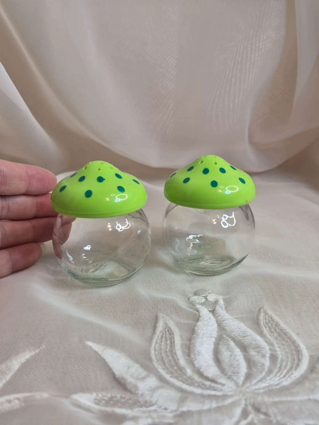 Vintage Retro Glass & Plastic Little Mushroom Salt & Pepper