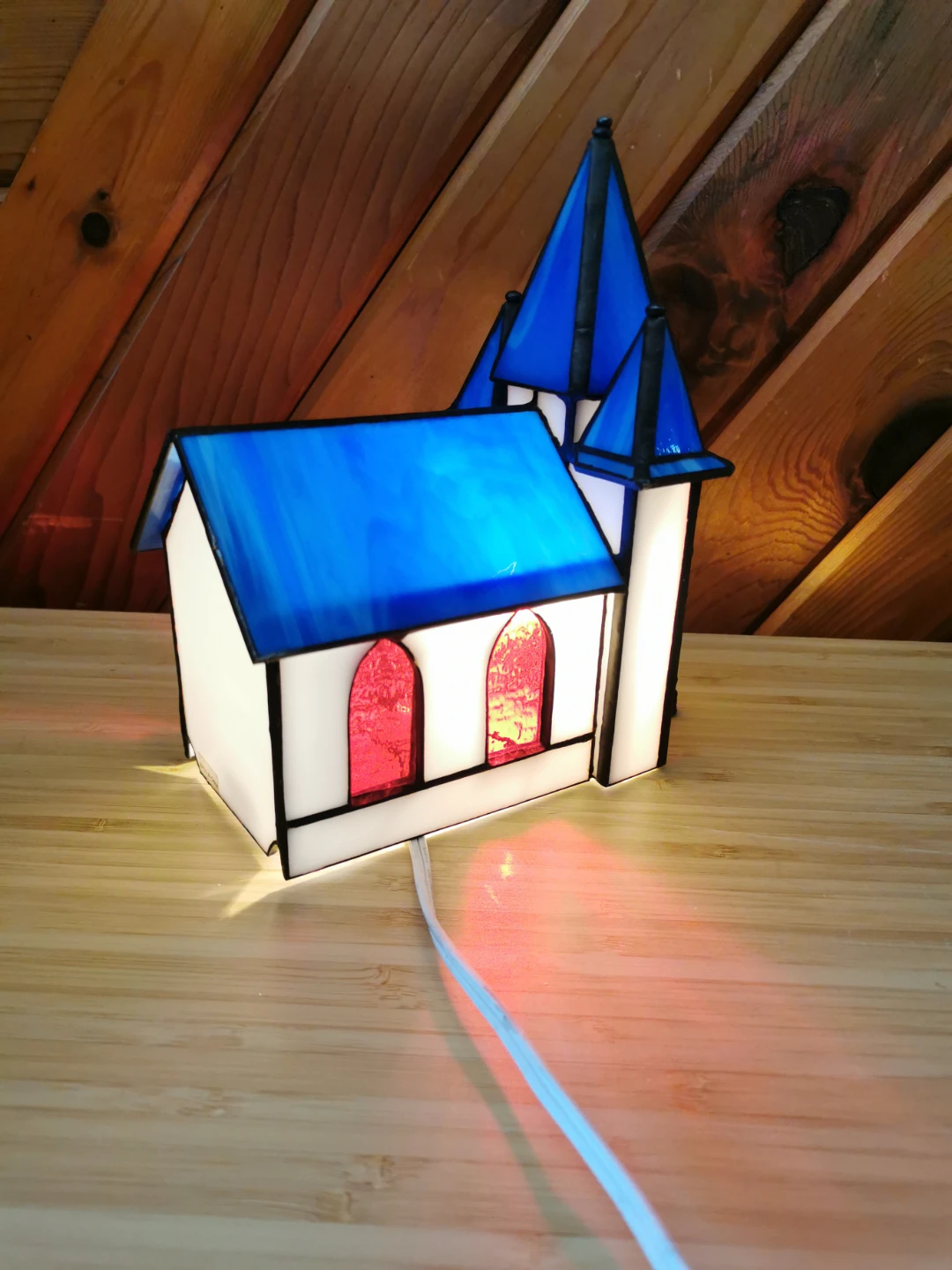 Vintage Stained Glass Chapel Church Light Lamp Blue Double Tower - photo 4