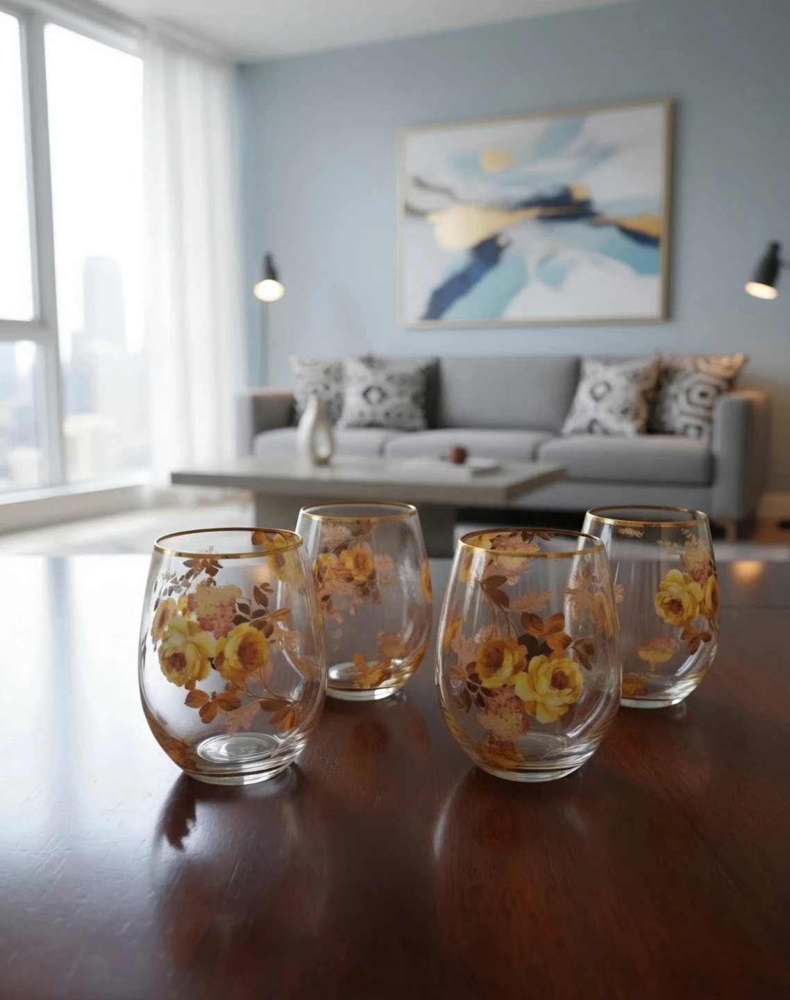 Set of 4 MacKenzie-Childs Floral Stemless Wine Glasses