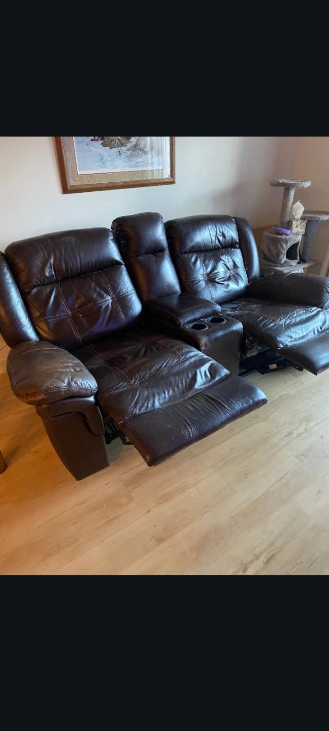 Well loved dark brown Leather Reclining loveseat 1, 2 or all 3