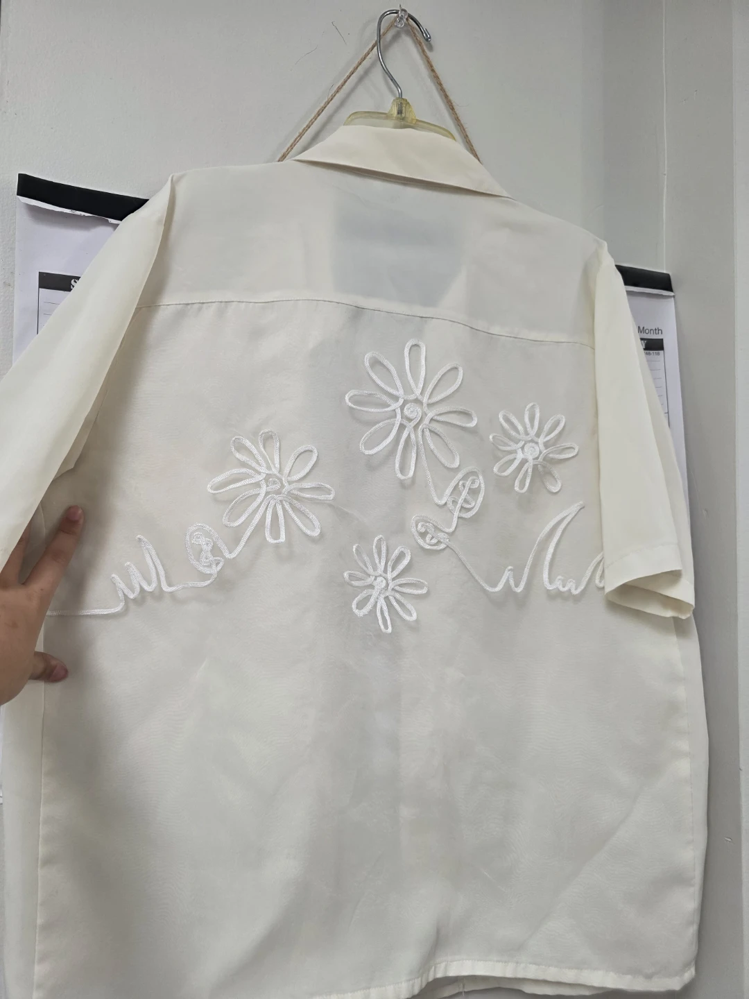 Cream Short Sleeve Button-Up Shirt with Flower Embroidery - photo 4
