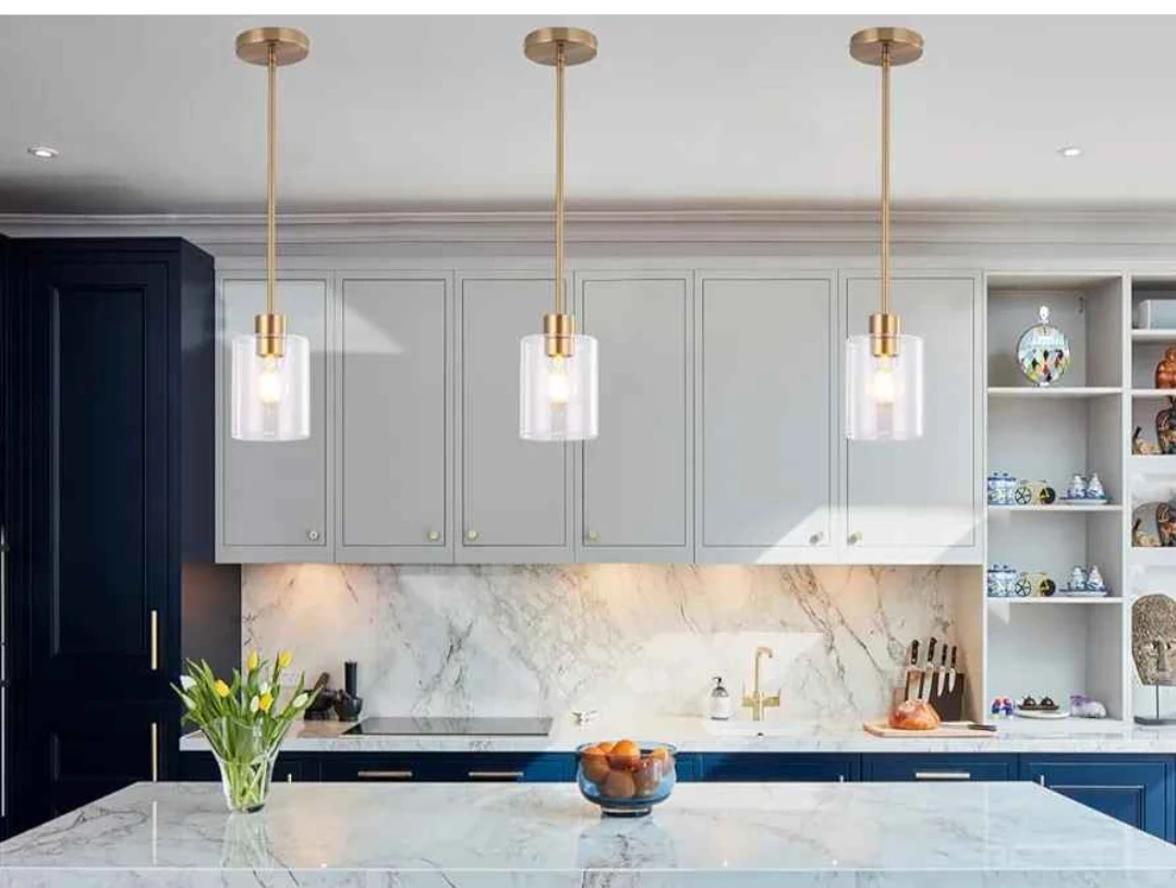Set of 3 Brass and Glass Pendant Lights