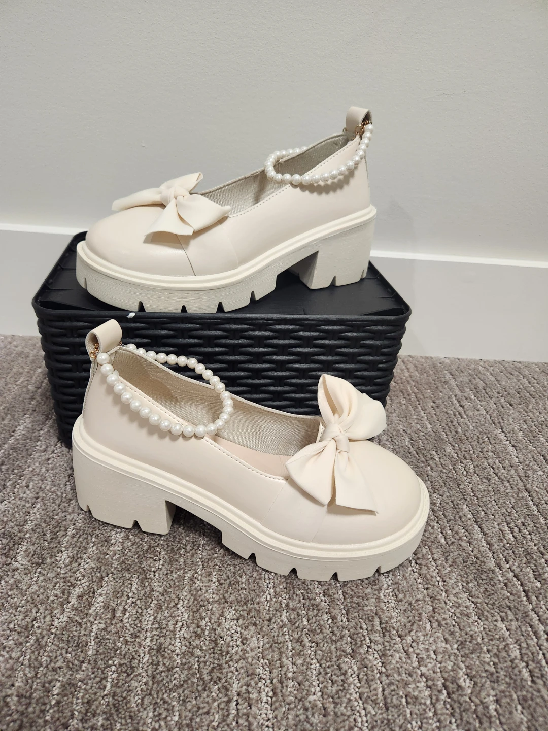 Cream Bow and Pearl Chunky Loafers